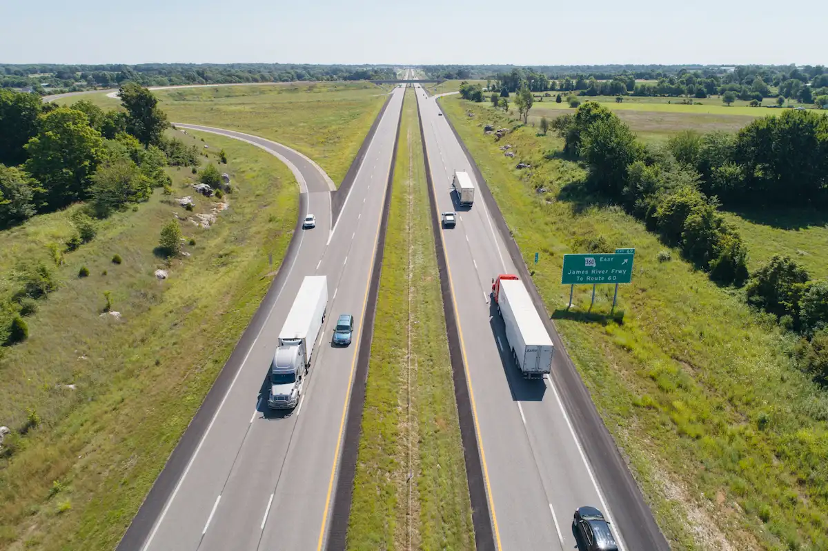 Aerial view of Interstate 44 with cars driving on the road