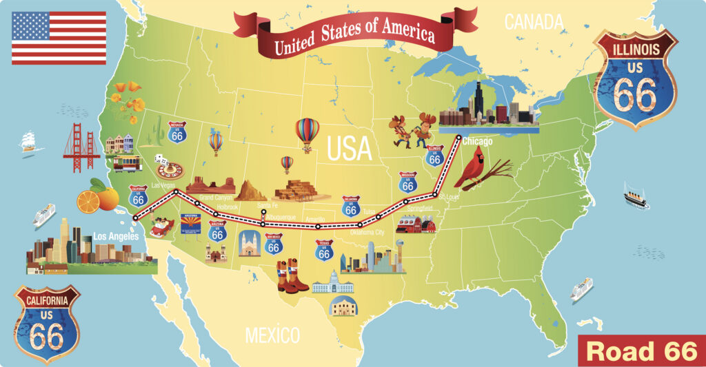Map of Route 66 with colorful icons and imagery