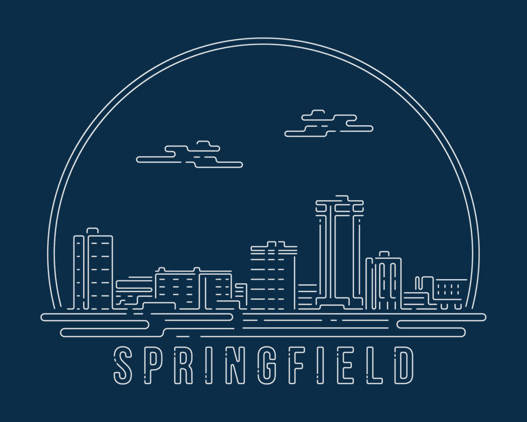 Springfield skyline illustration on a navy background